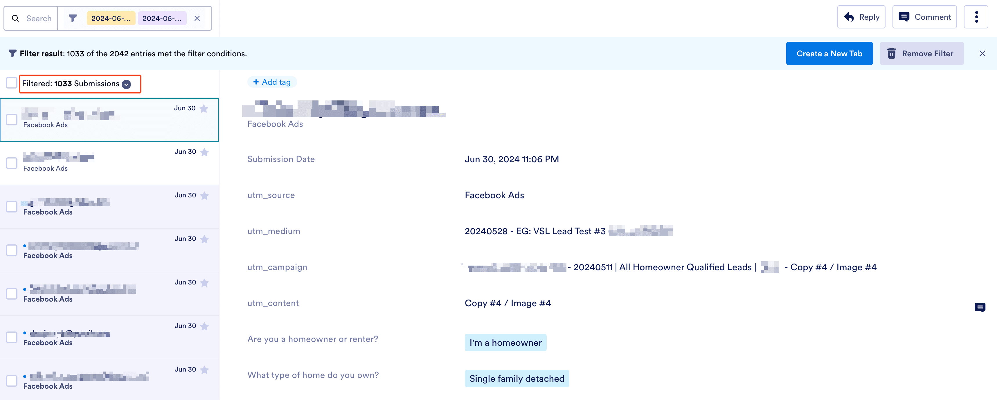 CRM screenshot showing 1,033 filtered lead submissions with homeowner and home-type qualification answers