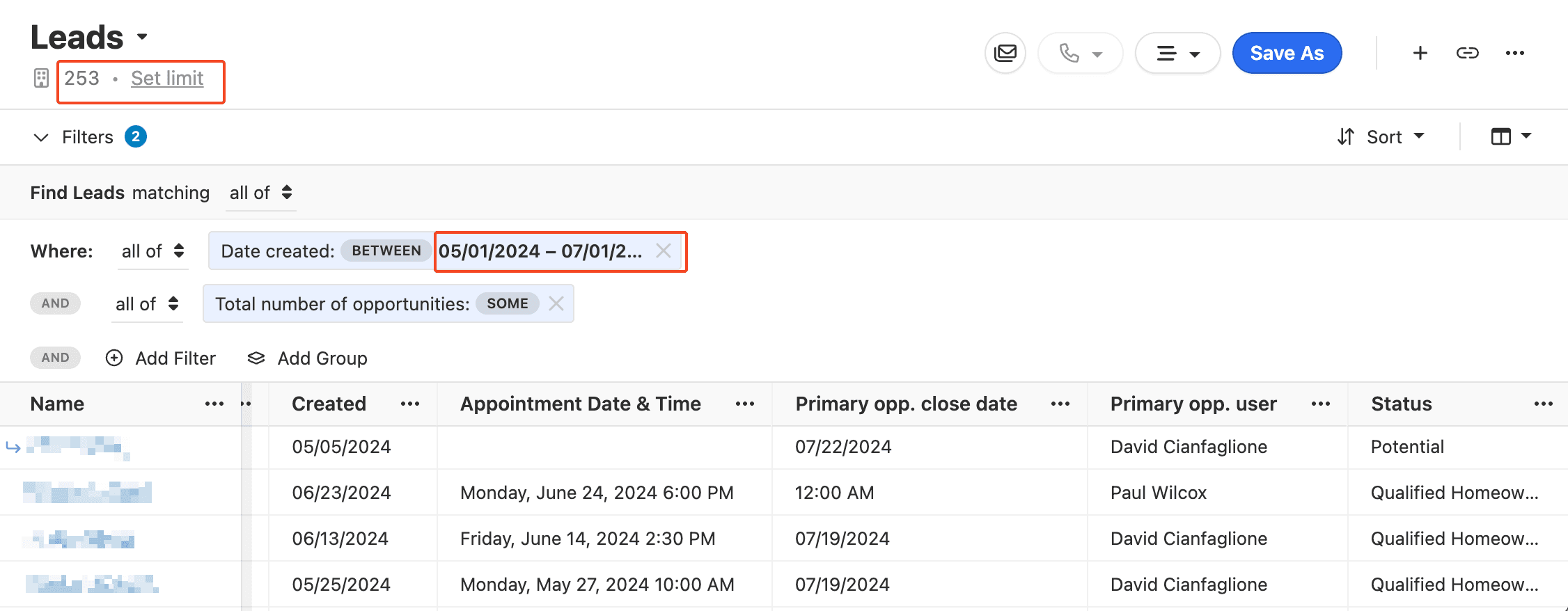 CRM screenshot showing 253 leads with booked appointment dates and qualified homeowner status