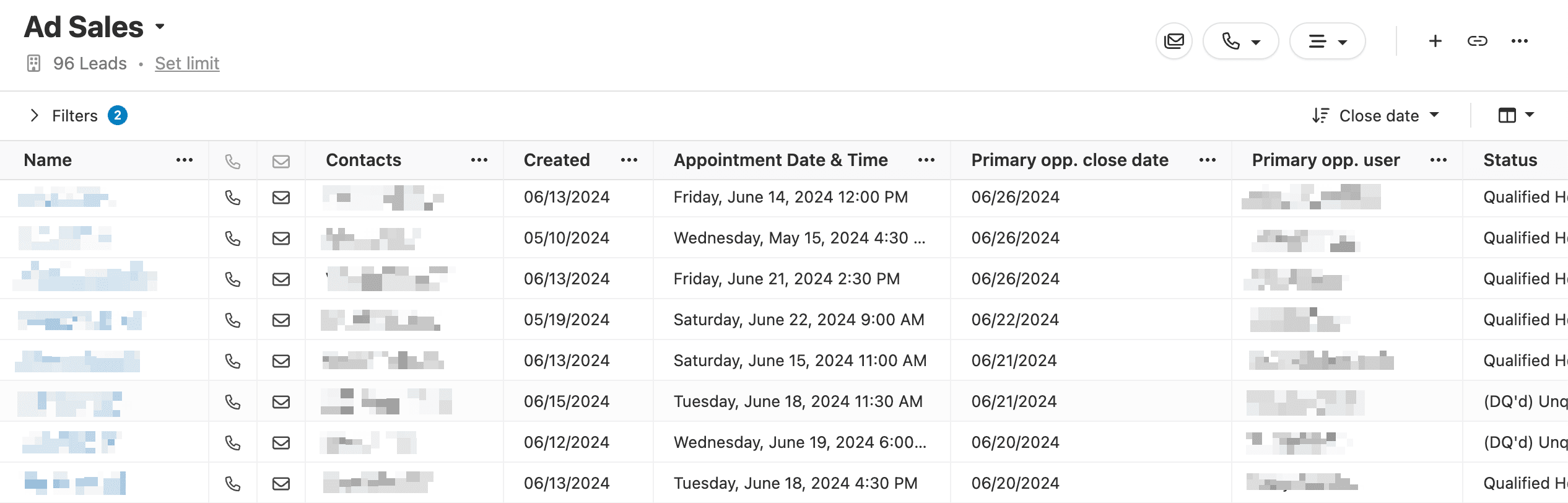 CRM screenshot of the ad sales list showing closed solar installations with appointment and close dates